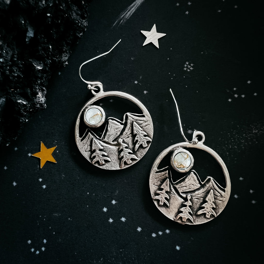 Nature Landscape Earrings with Mountains, Trees, and Copper Calcite Moon | Circle Dangle Earrings Featuring Scenic Mountain Design | Boho Earrings with Forest and Moon Elements | Copper Calcite Moon Earrings for Nature Lovers | Handcrafted Landscape Dangle Earrings with Mountain View | Earthy Mountain and Tree Earrings with Moon Accent | Celestial Nature Earrings with Copper Moon Detail | Forest-Inspired Earrings with Scenic Horizon and Moon | Circle Drop Earrings with Nature Scene and Boho Vibes | Clearanc