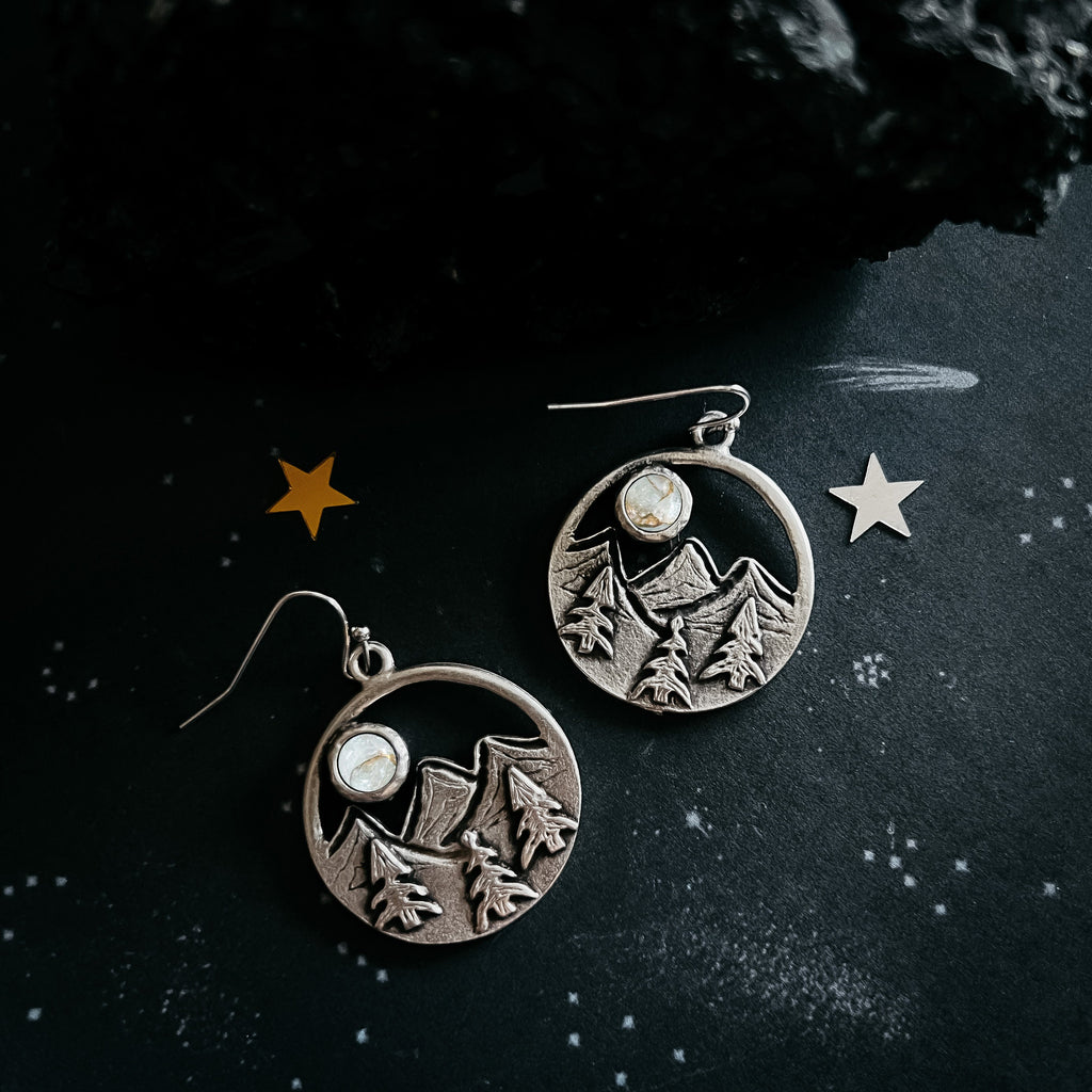 Nature Landscape Earrings with Mountains, Trees, and Copper Calcite Moon | Circle Dangle Earrings Featuring Scenic Mountain Design | Boho Earrings with Forest and Moon Elements | Copper Calcite Moon Earrings for Nature Lovers | Handcrafted Landscape Dangle Earrings with Mountain View | Earthy Mountain and Tree Earrings with Moon Accent | Celestial Nature Earrings with Copper Moon Detail | Forest-Inspired Earrings with Scenic Horizon and Moon | Circle Drop Earrings with Nature Scene and Boho Vibes | Clearanc