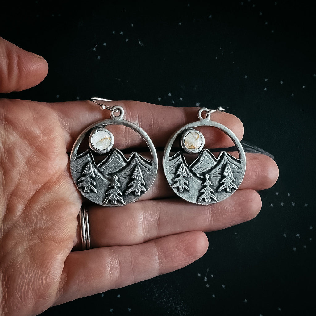 Nature Landscape Earrings with Mountains, Trees, and Copper Calcite Moon | Circle Dangle Earrings Featuring Scenic Mountain Design | Boho Earrings with Forest and Moon Elements | Copper Calcite Moon Earrings for Nature Lovers | Handcrafted Landscape Dangle Earrings with Mountain View | Earthy Mountain and Tree Earrings with Moon Accent | Celestial Nature Earrings with Copper Moon Detail | Forest-Inspired Earrings with Scenic Horizon and Moon | Circle Drop Earrings with Nature Scene and Boho Vibes | Clearanc