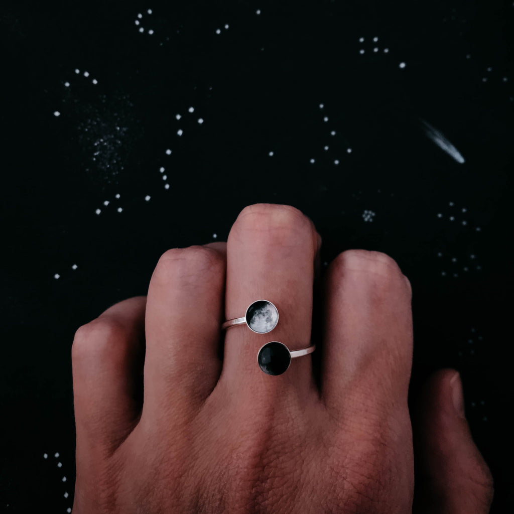 Jewelry Lovers | Astrology-Inspired Moon Ring Featuring Two Lunar Symbols | Elegant Moon Phase Ring in Bypass Design for Cosmic Souls | Mystical Crescent and Full Moon Ring for Moon Child Vibes | Silver Moon Bypass Ring with Dual Lunar Energy | Moon Ring Gift for Her Featuring Celestial Balance | Unique Open-Style Ring with Crescent and Full Moon Charms | Minimalist Moon Phase Jewelry for Spiritual and Celestial Style | Clearance Adjustable Moon Ring for Astrology and Lunar Lovers