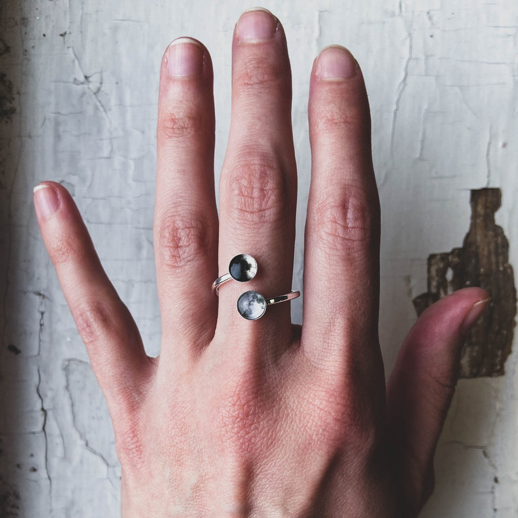 Jewelry Lovers | Astrology-Inspired Moon Ring Featuring Two Lunar Symbols | Elegant Moon Phase Ring in Bypass Design for Cosmic Souls | Mystical Crescent and Full Moon Ring for Moon Child Vibes | Silver Moon Bypass Ring with Dual Lunar Energy | Moon Ring Gift for Her Featuring Celestial Balance | Unique Open-Style Ring with Crescent and Full Moon Charms | Minimalist Moon Phase Jewelry for Spiritual and Celestial Style | Clearance Adjustable Moon Ring for Astrology and Lunar Lovers