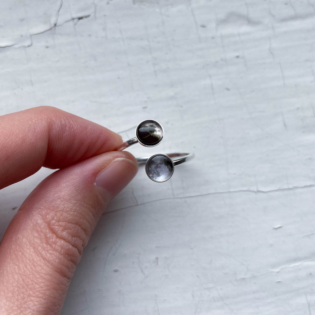 Jewelry Lovers | Astrology-Inspired Moon Ring Featuring Two Lunar Symbols | Elegant Moon Phase Ring in Bypass Design for Cosmic Souls | Mystical Crescent and Full Moon Ring for Moon Child Vibes | Silver Moon Bypass Ring with Dual Lunar Energy | Moon Ring Gift for Her Featuring Celestial Balance | Unique Open-Style Ring with Crescent and Full Moon Charms | Minimalist Moon Phase Jewelry for Spiritual and Celestial Style | Clearance Adjustable Moon Ring for Astrology and Lunar Lovers