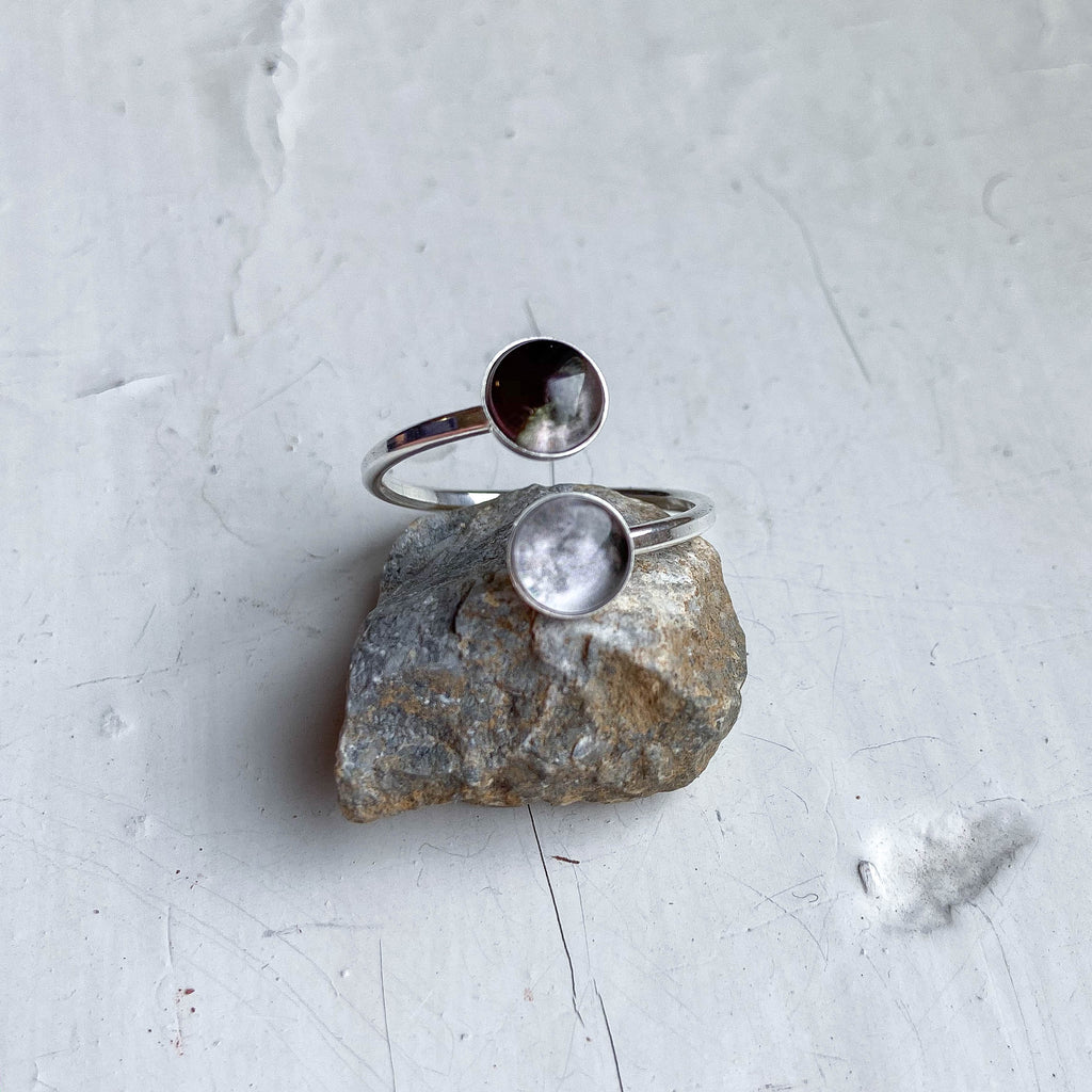 Jewelry Lovers | Astrology-Inspired Moon Ring Featuring Two Lunar Symbols | Elegant Moon Phase Ring in Bypass Design for Cosmic Souls | Mystical Crescent and Full Moon Ring for Moon Child Vibes | Silver Moon Bypass Ring with Dual Lunar Energy | Moon Ring Gift for Her Featuring Celestial Balance | Unique Open-Style Ring with Crescent and Full Moon Charms | Minimalist Moon Phase Jewelry for Spiritual and Celestial Style | Clearance Adjustable Moon Ring for Astrology and Lunar Lovers