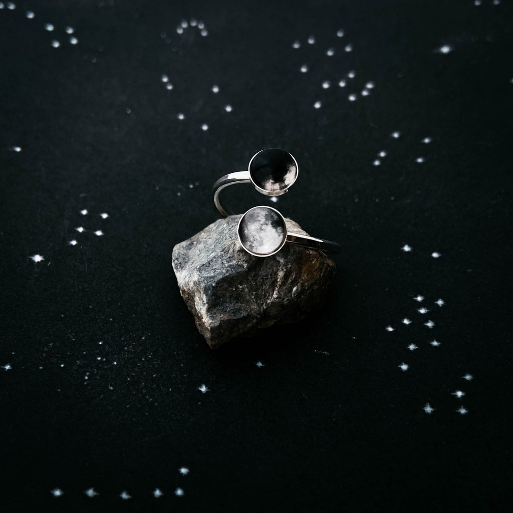 Jewelry Lovers | Astrology-Inspired Moon Ring Featuring Two Lunar Symbols | Elegant Moon Phase Ring in Bypass Design for Cosmic Souls | Mystical Crescent and Full Moon Ring for Moon Child Vibes | Silver Moon Bypass Ring with Dual Lunar Energy | Moon Ring Gift for Her Featuring Celestial Balance | Unique Open-Style Ring with Crescent and Full Moon Charms | Minimalist Moon Phase Jewelry for Spiritual and Celestial Style | Clearance Adjustable Moon Ring for Astrology and Lunar Lovers
