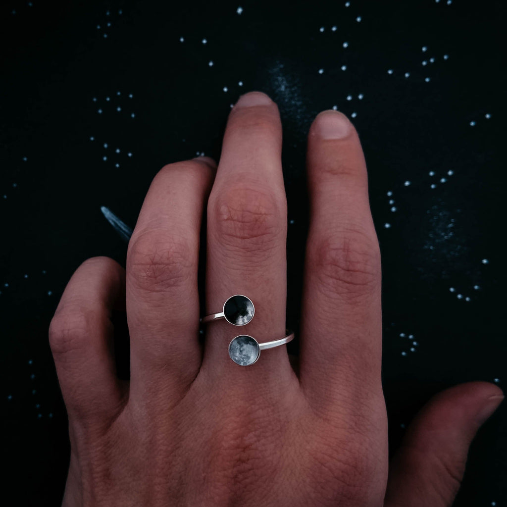 Jewelry Lovers | Astrology-Inspired Moon Ring Featuring Two Lunar Symbols | Elegant Moon Phase Ring in Bypass Design for Cosmic Souls | Mystical Crescent and Full Moon Ring for Moon Child Vibes | Silver Moon Bypass Ring with Dual Lunar Energy | Moon Ring Gift for Her Featuring Celestial Balance | Unique Open-Style Ring with Crescent and Full Moon Charms | Minimalist Moon Phase Jewelry for Spiritual and Celestial Style | Clearance Adjustable Moon Ring for Astrology and Lunar Lovers